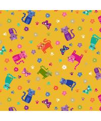 MAKOWER Patchwork tkanina Katies Cats scattered yellow | 110cm 2349/Y