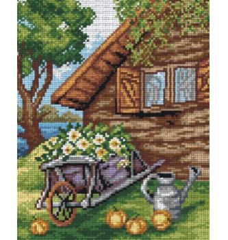 Gobelin Samokolnica ob hiši | 24x30cm